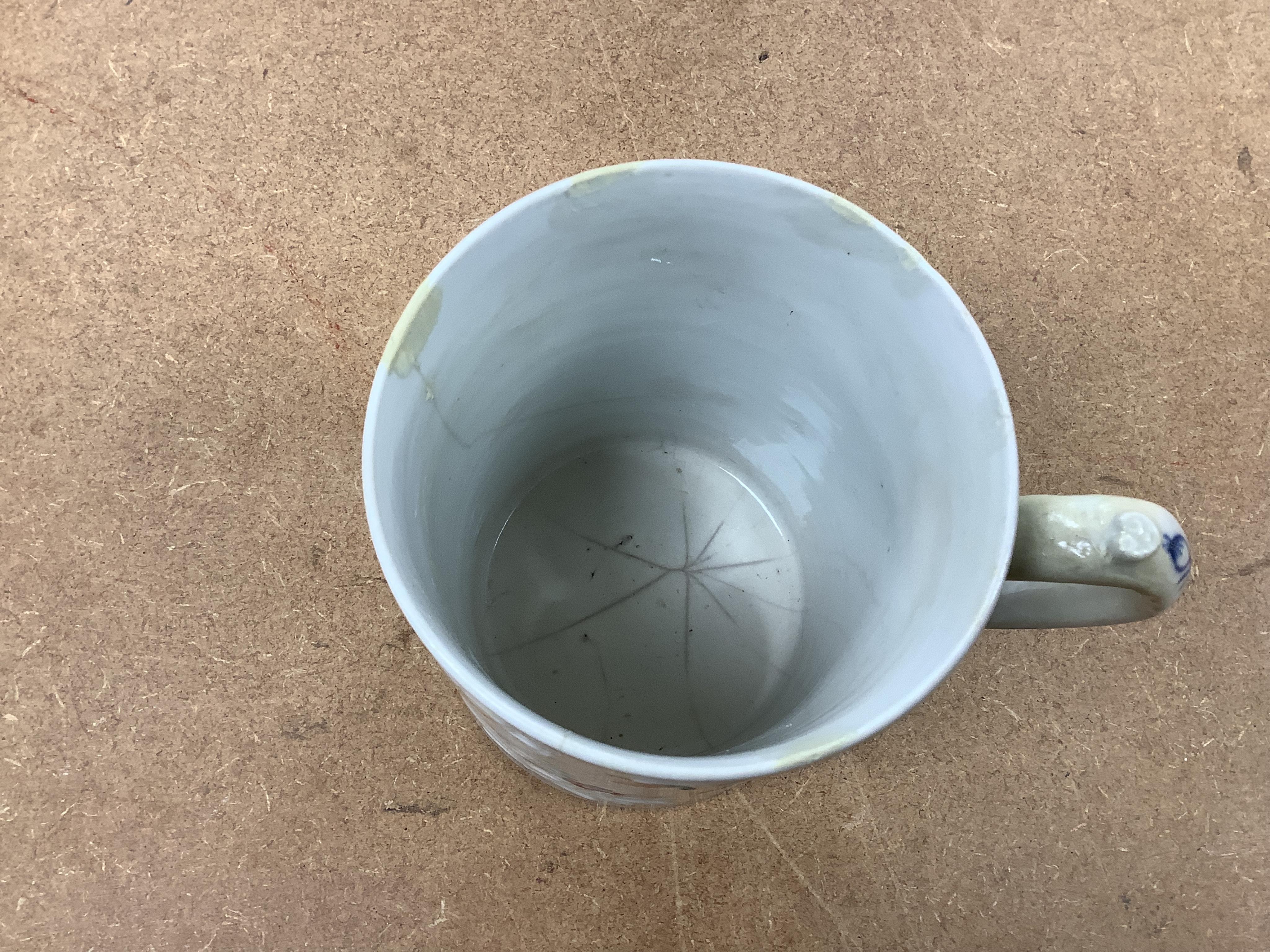 Four 18th century Export and later Chinese mugs to include a blue and white example, (a.f), largest 15cm high